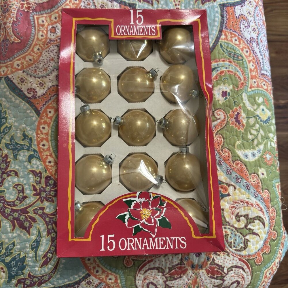 Rauch Gold Glass Christmas Ornaments 2.5" -‎ 15 Count Made in USA VTG